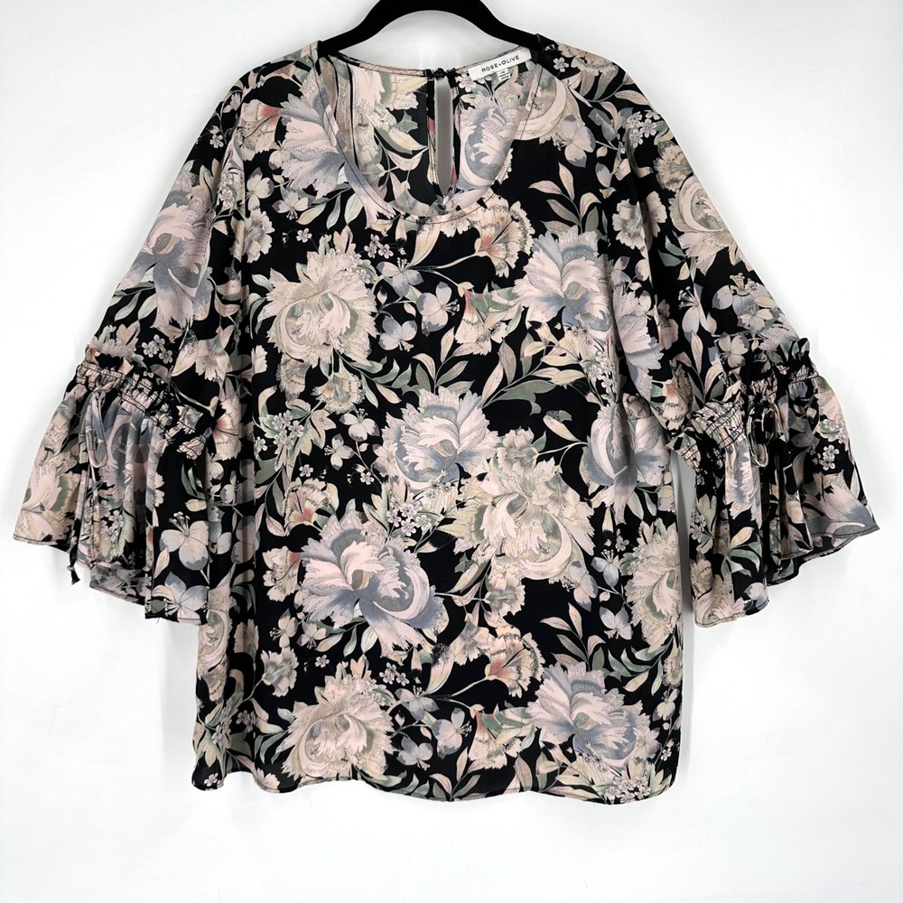 Rose & Olive Black Floral Bell Sleeve Keyhole Neck Blouse Size 1X Dark Romantic